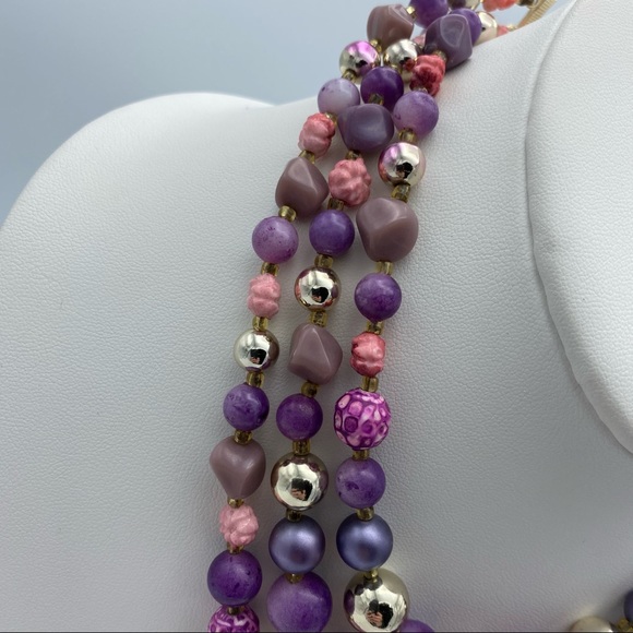 Vintage Purple Silver Tone Flower Beaded Multi Strand Collar Statement Necklace - Picture 10 of 11